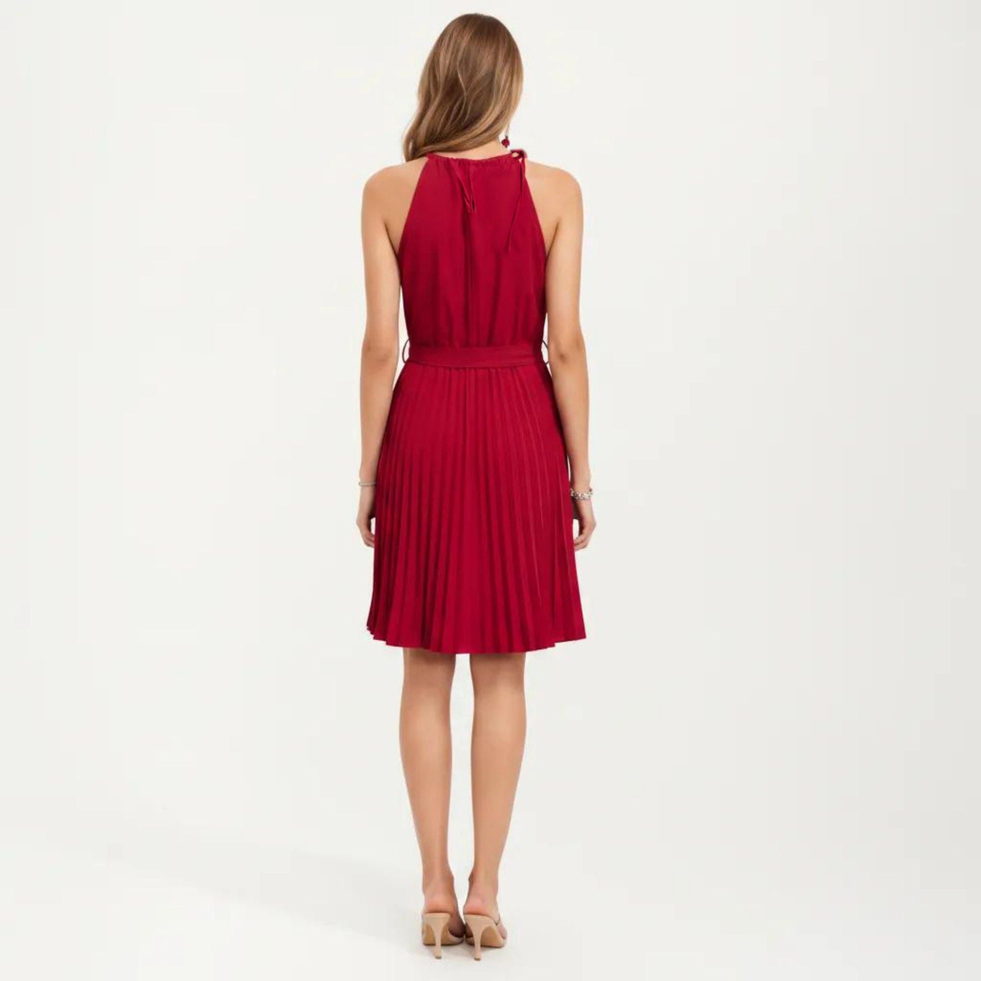 Anna-Kaci Women's Sleeveless Halter Midi Dress with Pleated Skirt and Waist Tie