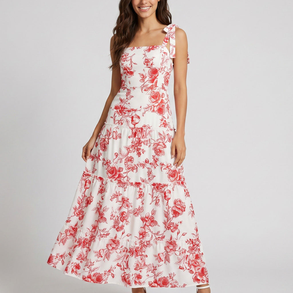 Floral Print Tie Shoulder Smocked Bodice Tiered Maxi Dress with Square Neckline and Flowy A Line Silhouette