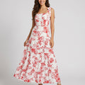 Floral Print Tie Shoulder Smocked Bodice Tiered Maxi Dress with Square Neckline and Flowy A Line Silhouette