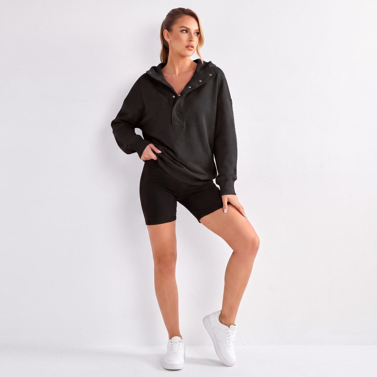 Snap Button Hooded Long Sleeve Pullover Sweatshirt