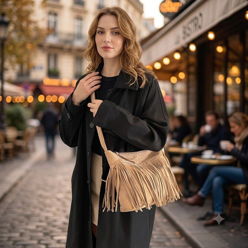 Women's Suede Look Fringe Crossbody Shoulder Bag with Adjustable Strap