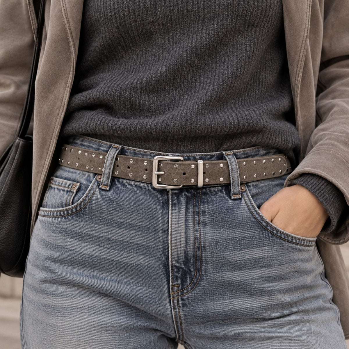 Studded Suede Leather Belt with Square Silver Tone Buckle 41.3in