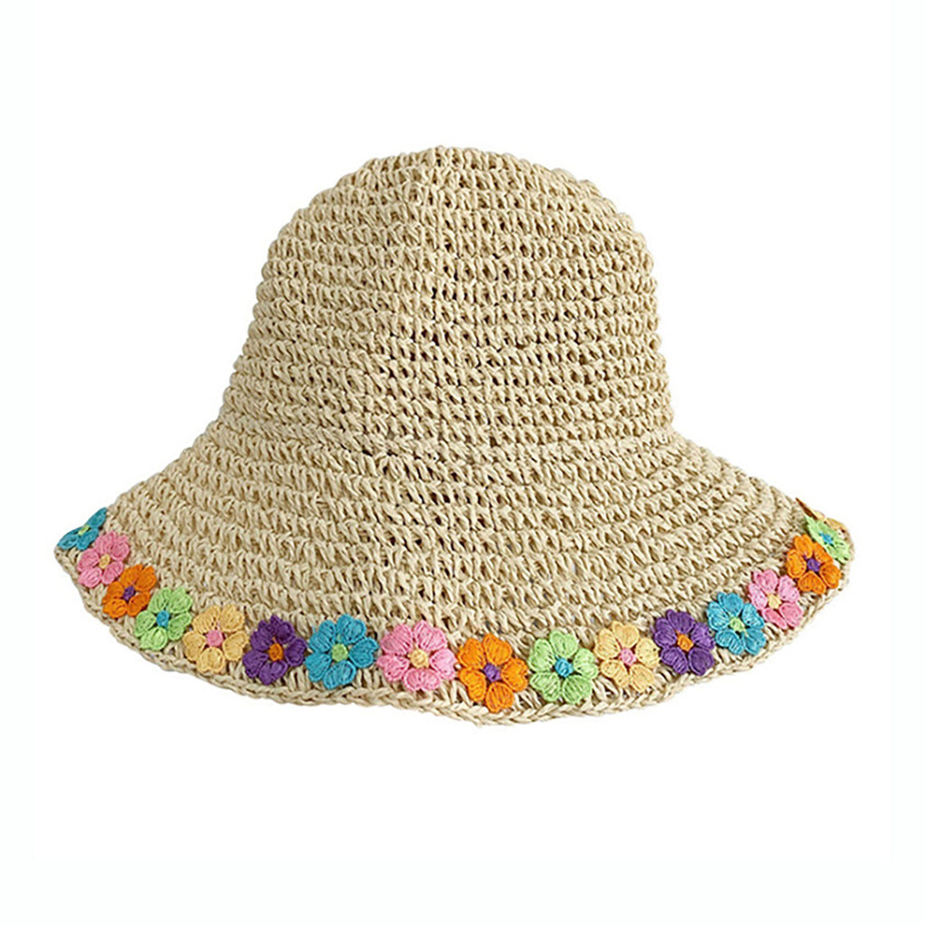 Crochet Bucket Sun Hat with Floral Applique Trim and Soft Brim Design