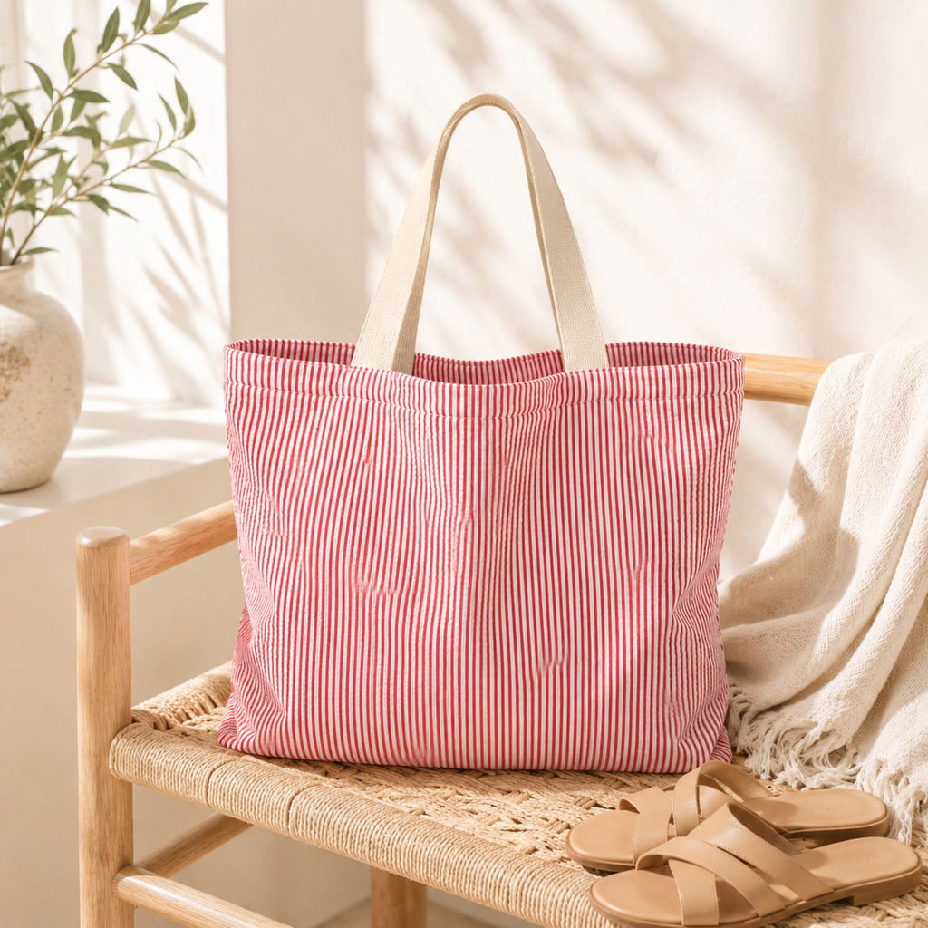 Striped Canvas Tote Bag Colorblock Large Capacity Shoulder Bag