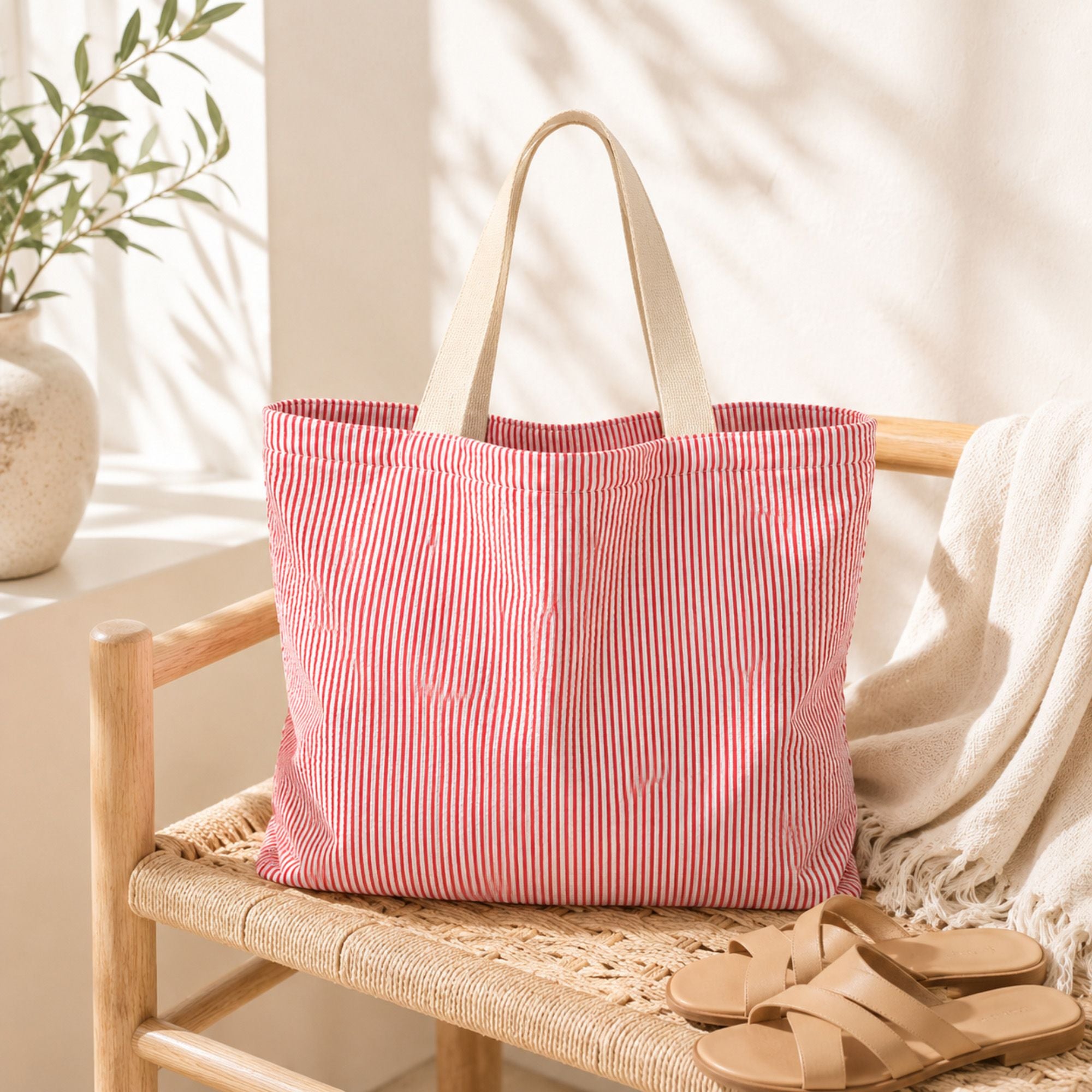 Striped Canvas Tote Bag Colorblock Large Capacity Shoulder Bag