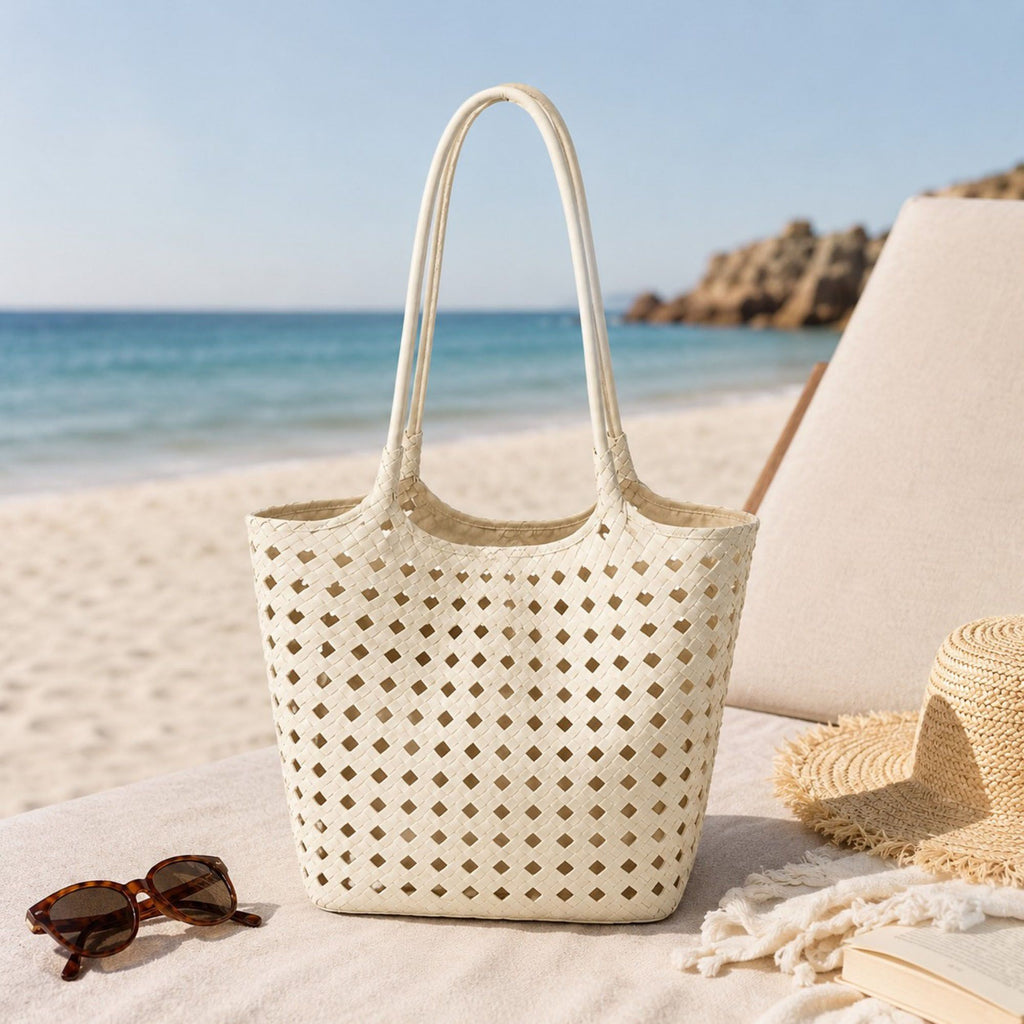 Woven Shoulder Bag with Cutout Design Soft Faux Leather Feel Tote and Inner Pouch