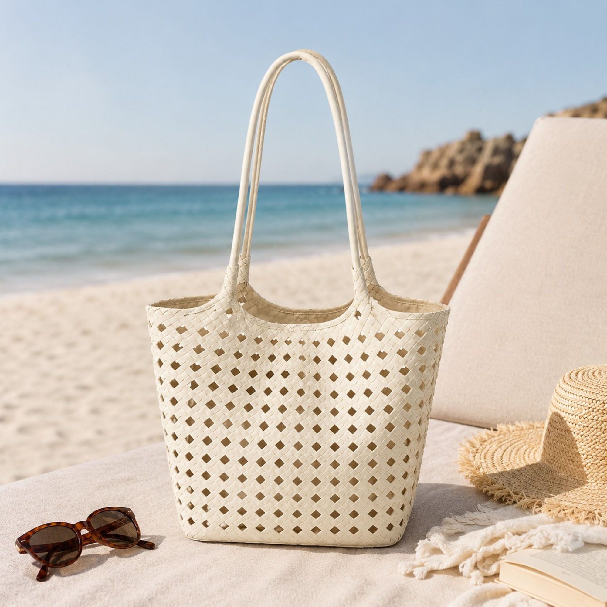 Woven Shoulder Bag with Cutout Design Soft Faux Leather Feel Tote and Inner Pouch