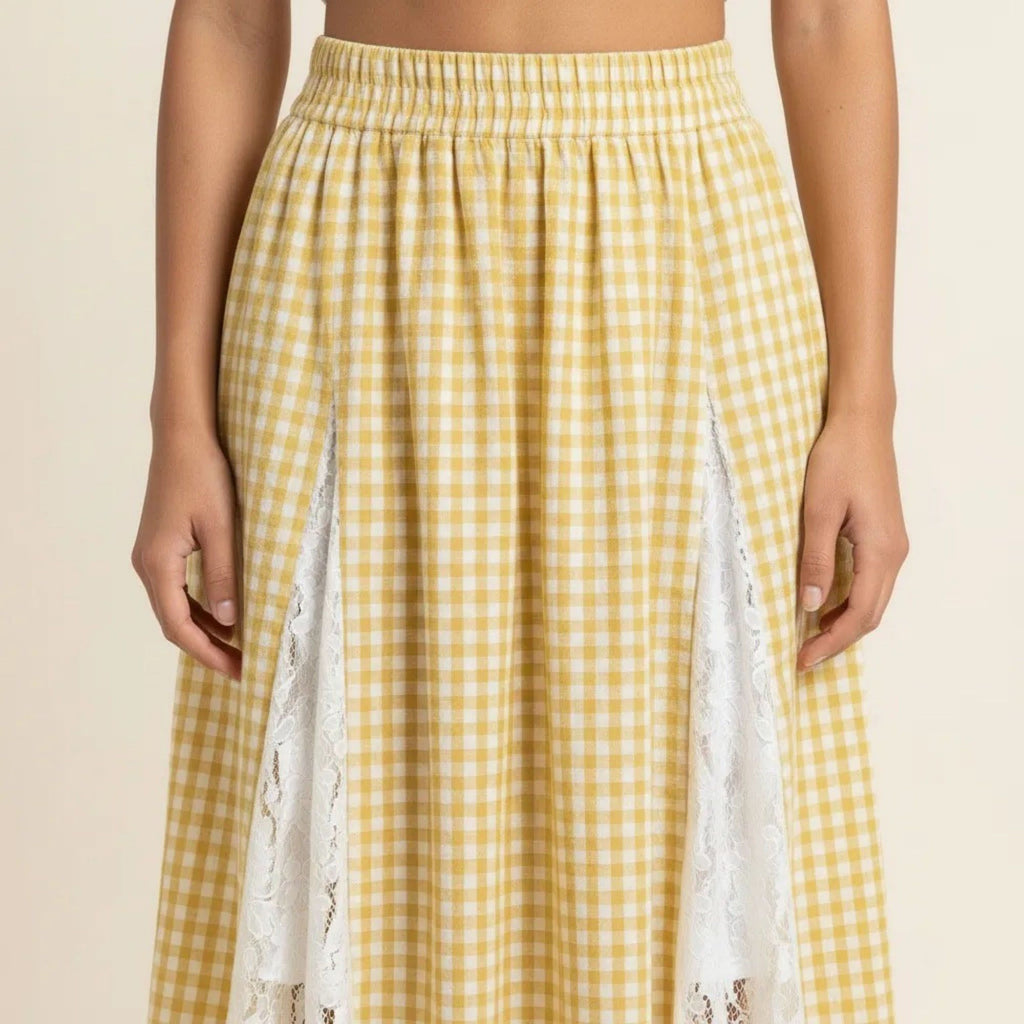 Anna-Kaci Women's Gingham Maxi Skirt Lace Panel High Waist A Line Flowy Lightweight Casual Skirt