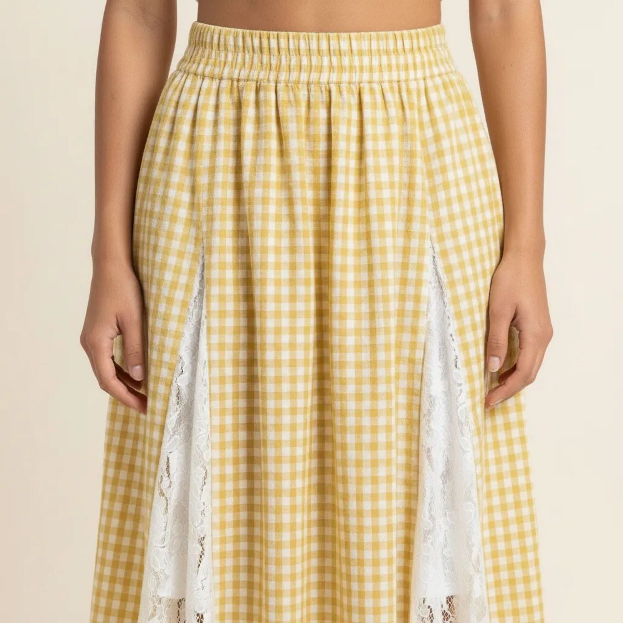 Anna-Kaci Women's Gingham Maxi Skirt Lace Panel High Waist A Line Flowy Lightweight Casual Skirt