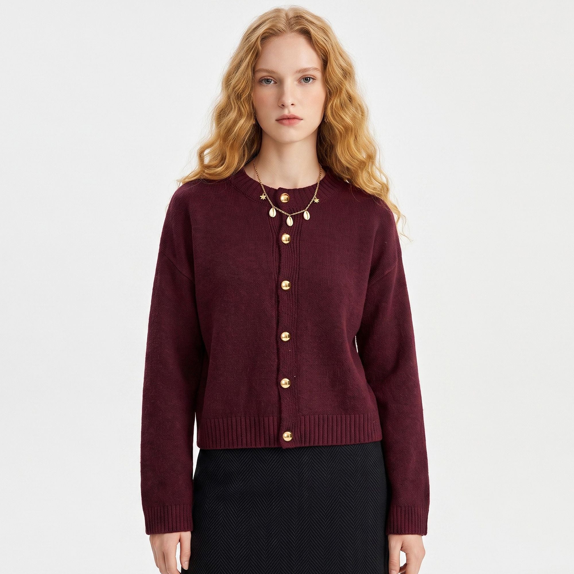 Gold Button Crewneck Cardigan Sweater