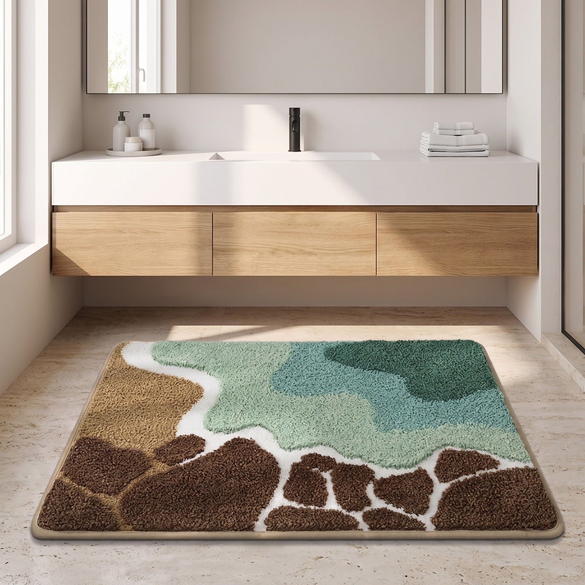 Coastal Ocean Wave Plush Bathroom Mat with Life Preserver and Seashell Design