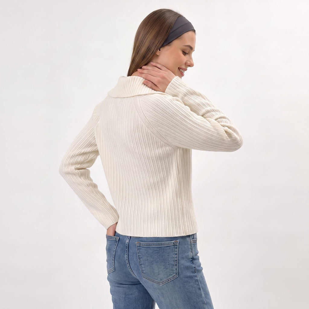 Ribbed Wide Collar Zip-Front Cardigan Sweater
