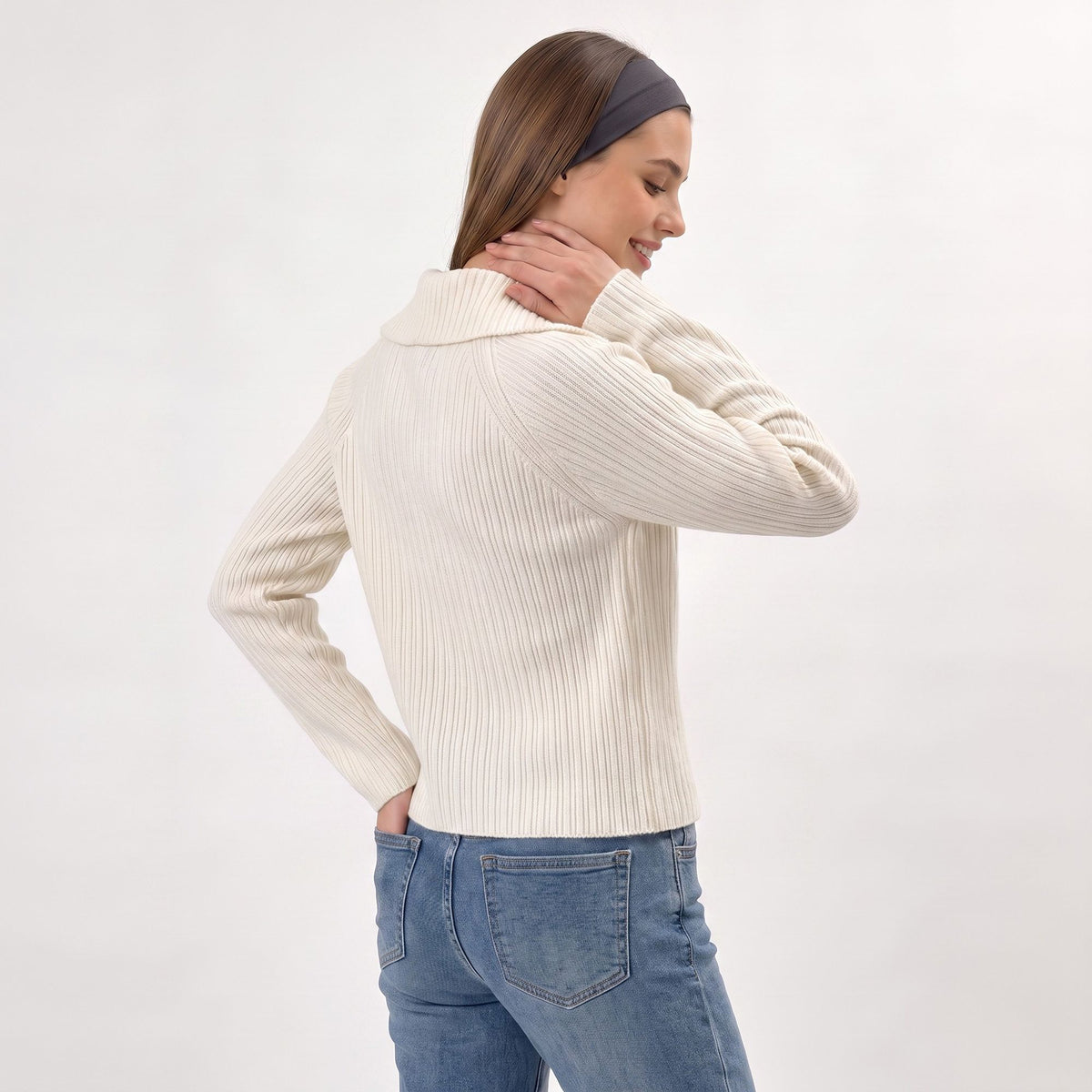 Ribbed Wide Collar Zip-Front Cardigan Sweater