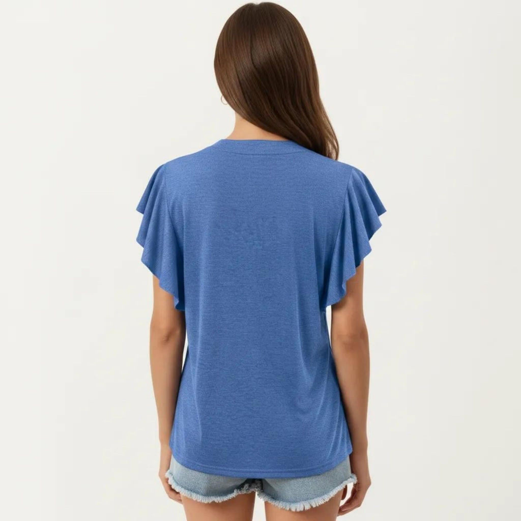 Anna-Kaci Women's Short Sleeve Top with Flutter Ruffle Sleeves and Split V Neck Relaxed Fit Casual Shirt
