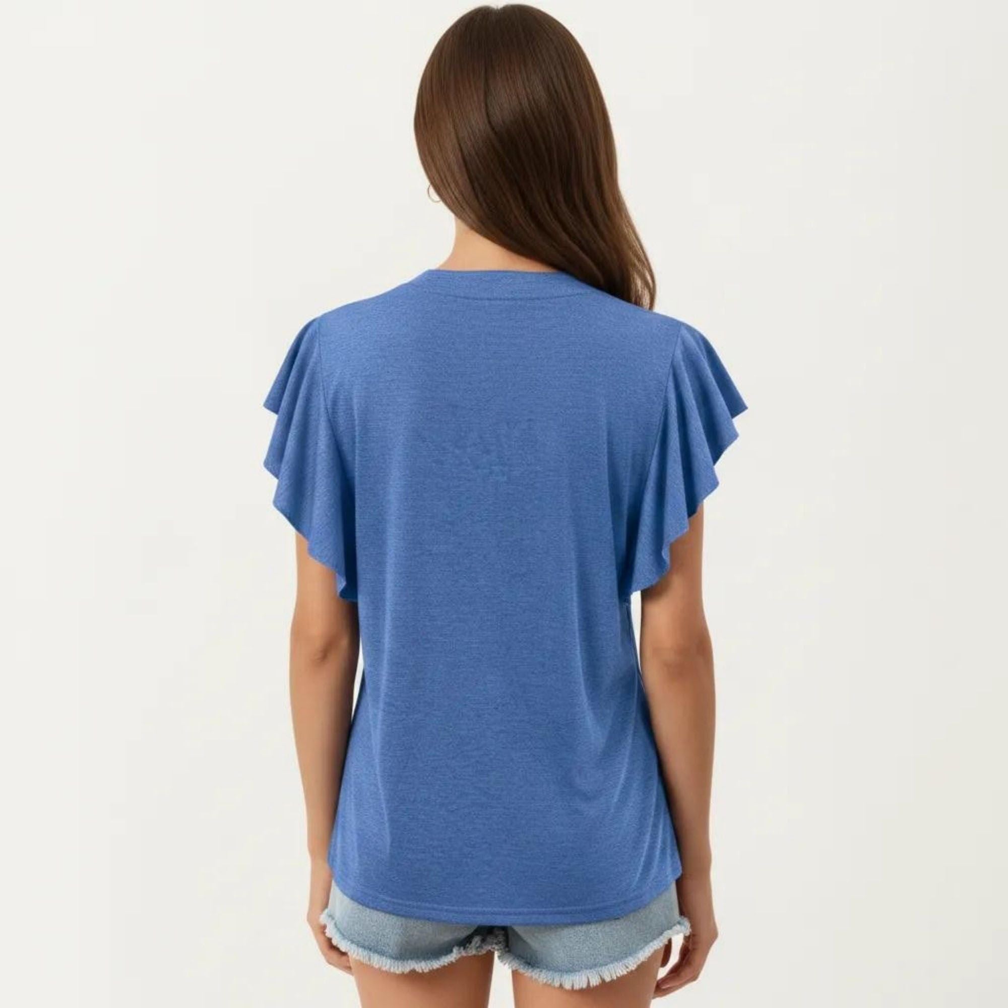 Anna-Kaci Women's Short Sleeve Top with Flutter Ruffle Sleeves and Split V Neck Relaxed Fit Casual Shirt