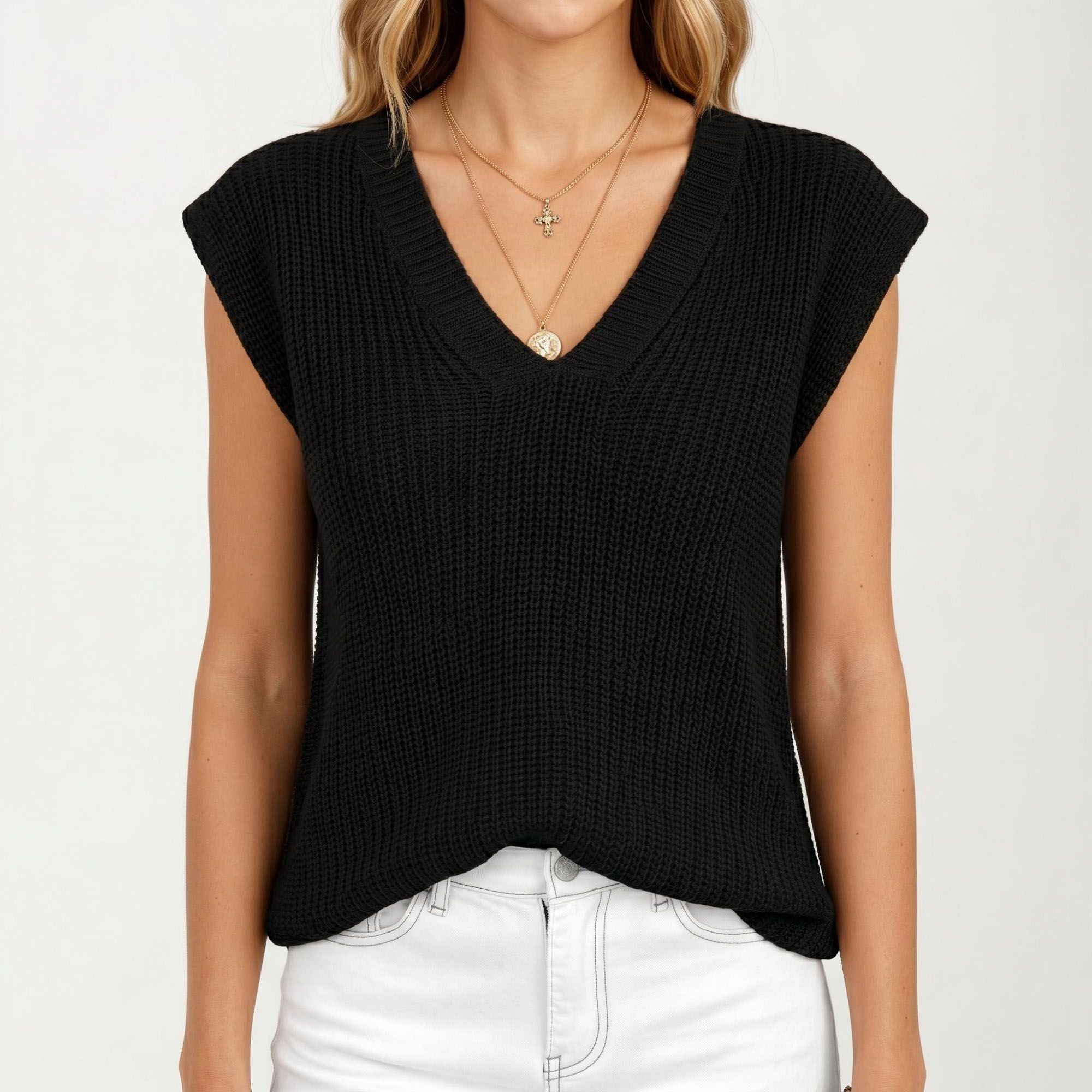 Anna-Kaci Women's Sleeveless Knit Sweater Vest with V Neck Ribbed Trim Relaxed Fit Textured Pullover Top