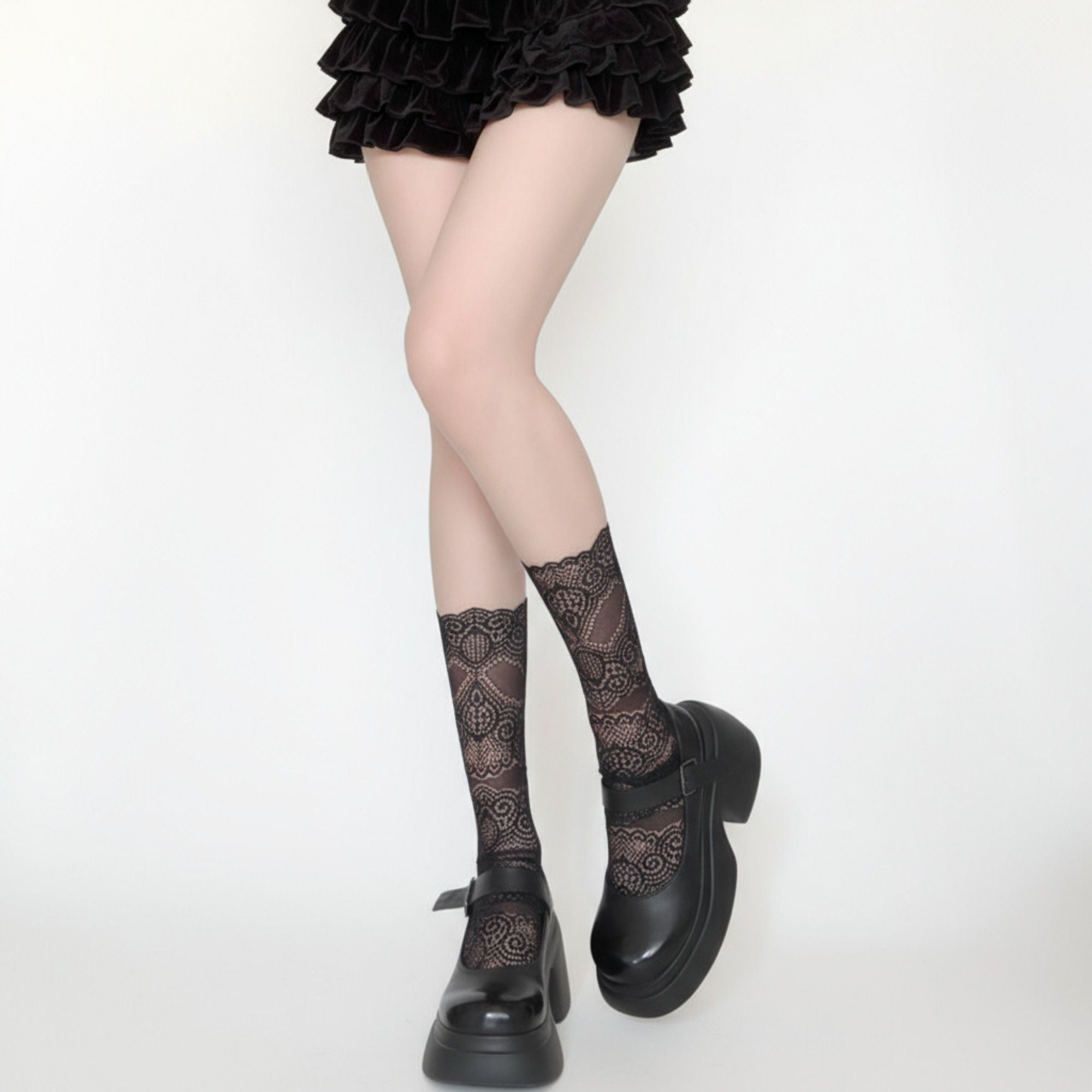 Anna-Kaci 2pcs Women's Mid-Calf Lace Socks with Scalloped Edge and Intricate Floral Pattern