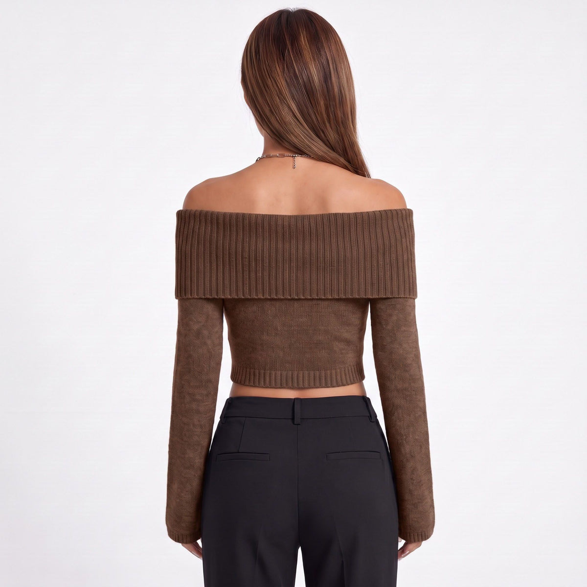 Off Shoulder Foldover Cropped Knit Sweater