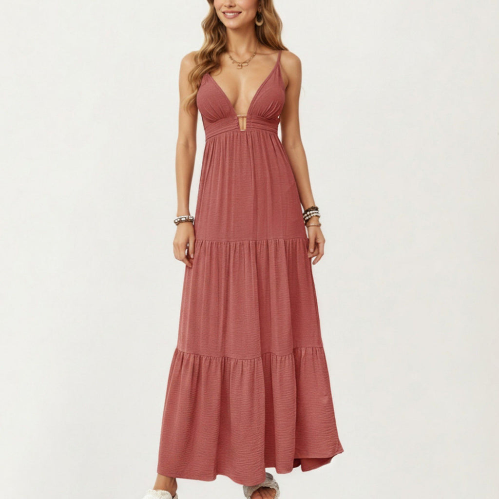Sleeveless Tiered Maxi Dress V-Neck Cutout Empire Waist Flowy A-Line Sundress