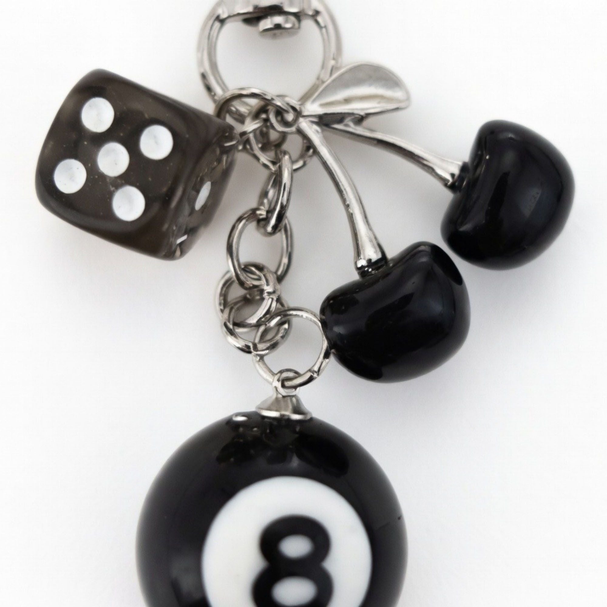 8 Ball Cherry Dice Charm Keychain with Heart Clip Novelty Bag Charm Key Ring Accessory