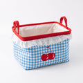 Cherry Embroidered Gingham Rectangular Storage Bin with Lace Ruffle & Handles