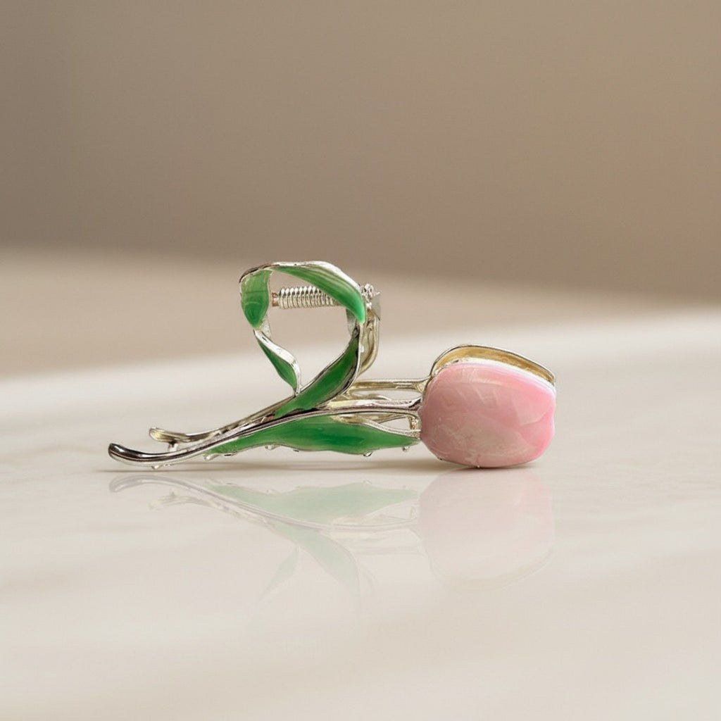 Anna-Kaci 2pcs Tulip Flower Metal Hair Claw Clip with Enamel Petal and Leaf Detailing