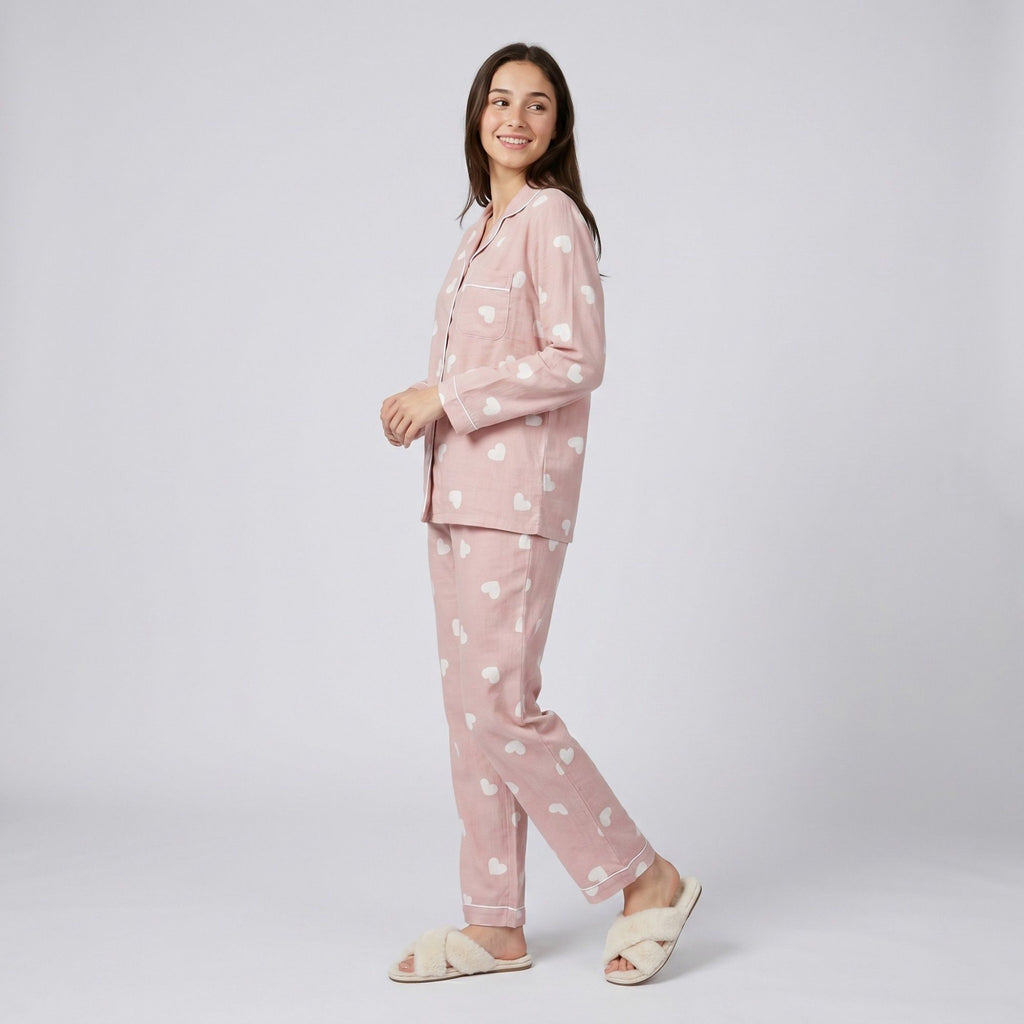 Anna-Kaci Lounge Women's 2-Piece Set Heart Print Button Front Pajama Top and Straight Leg Lounge Pants