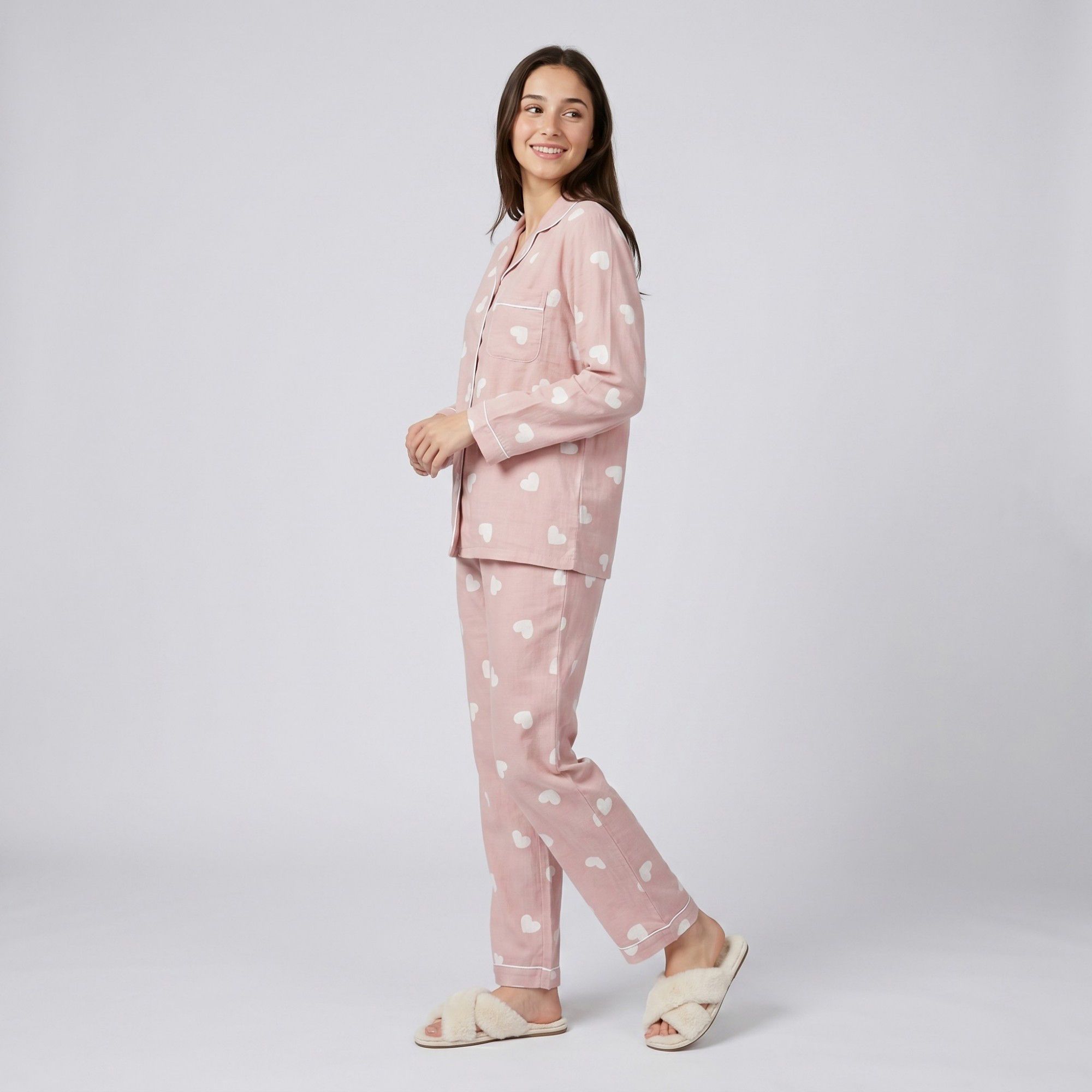 Anna-Kaci Lounge Women's 2-Piece Set Heart Print Button Front Pajama Top and Straight Leg Lounge Pants