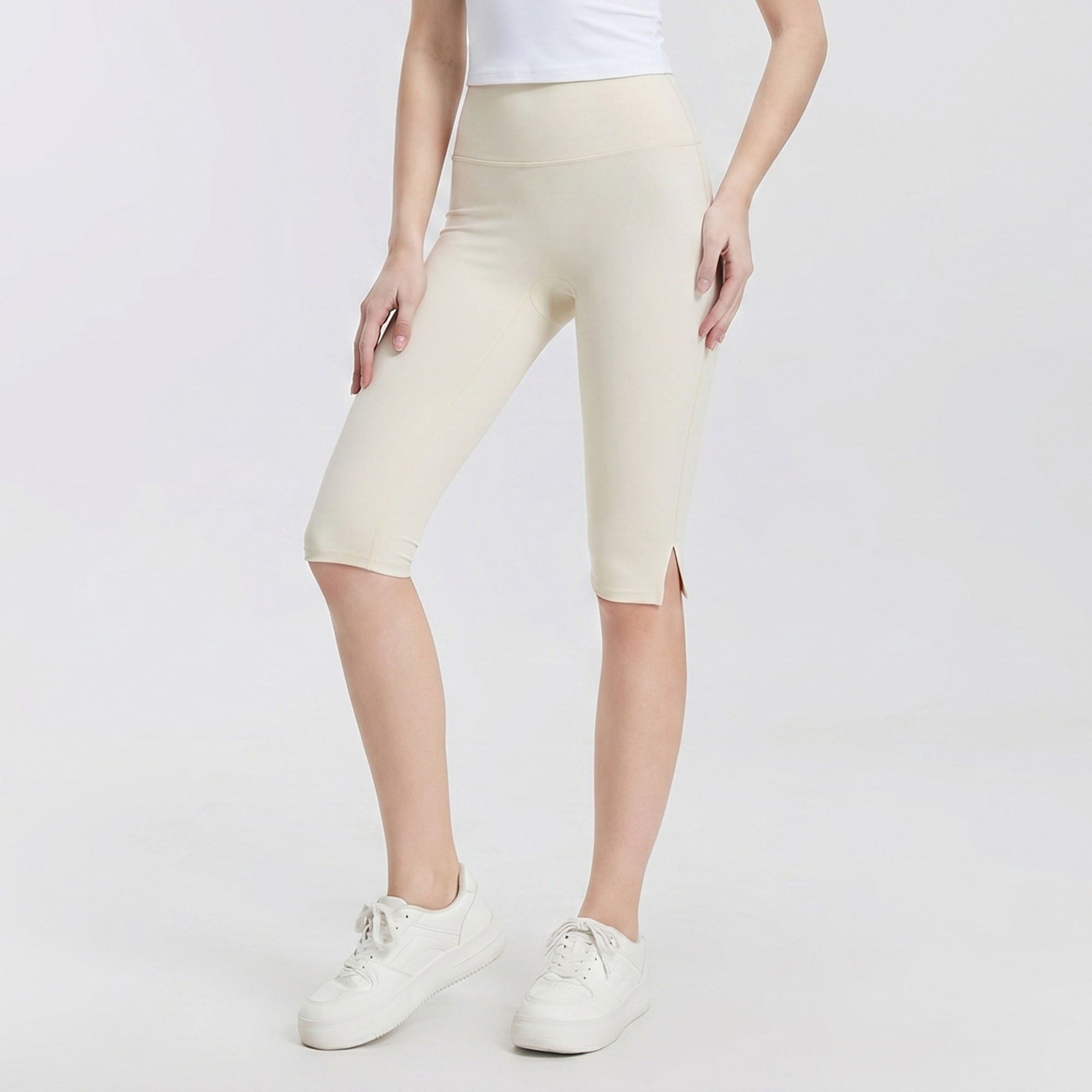 High Waist Capri Leggings with Side Slit Hem Smooth Stretch Pull On Workout Yoga Pants