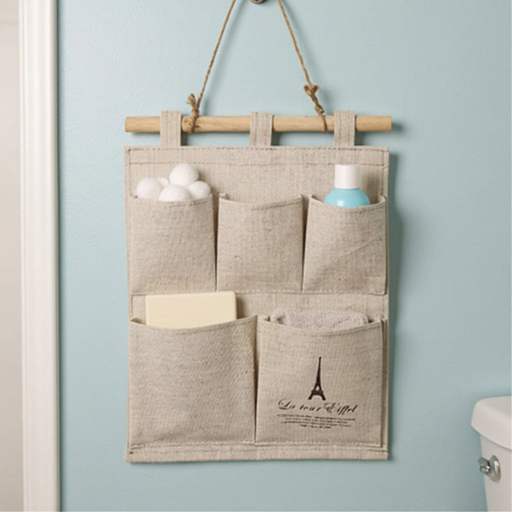Hanging Wall Organizer with Eiffel Tower Print and Five Canvas Storage Pockets 12.5x9.5 in