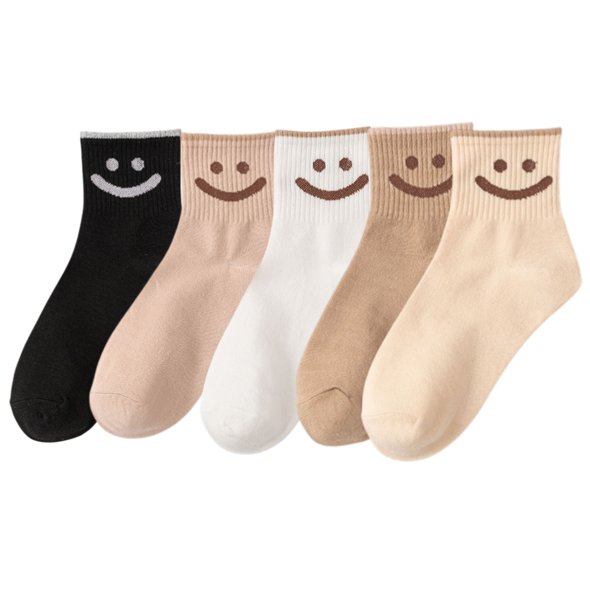 Anna-Kaci 5 Pairs Women's Ankle Socks with Smiley Face Design Soft Cotton Ribbed Cuffs for Casual Everyday Wear