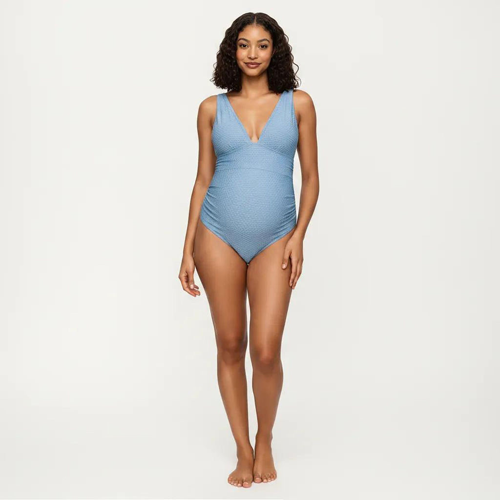 Anna-Kaci Swim Women's Maternity Ribbed One-Piece Swimsuit with Plunge Neckline and Side Gathering