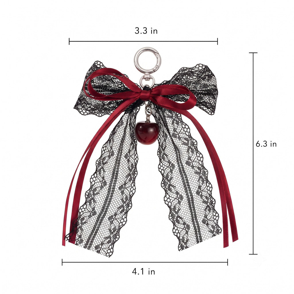 Lace Bow Bag Charm Keychain with Cherry Accent and Metal Ring Clasp