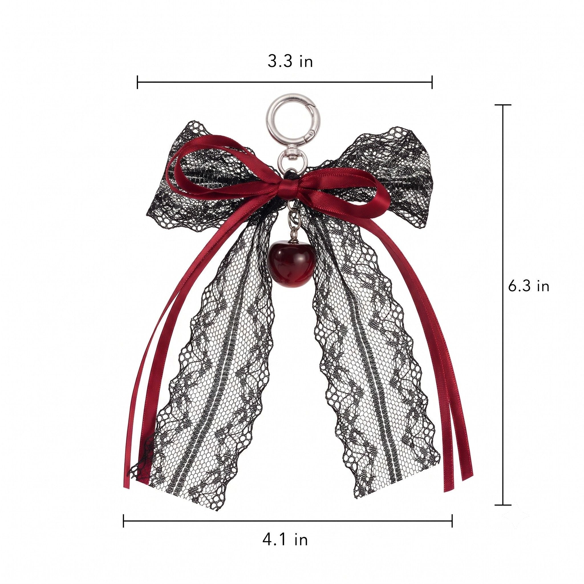 Lace Bow Bag Charm Keychain with Cherry Accent and Metal Ring Clasp