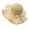 Wide Brim Straw Sun Hat with Sheer Lace Overlay Bow Accent and Scalloped Edge