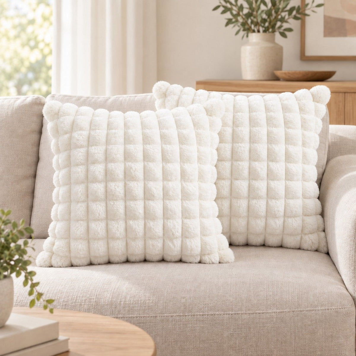 2 Pack Plush Faux Fur Bubble Grid Throw Pillow Covers 18 x 18 Inch for Couch and Bed