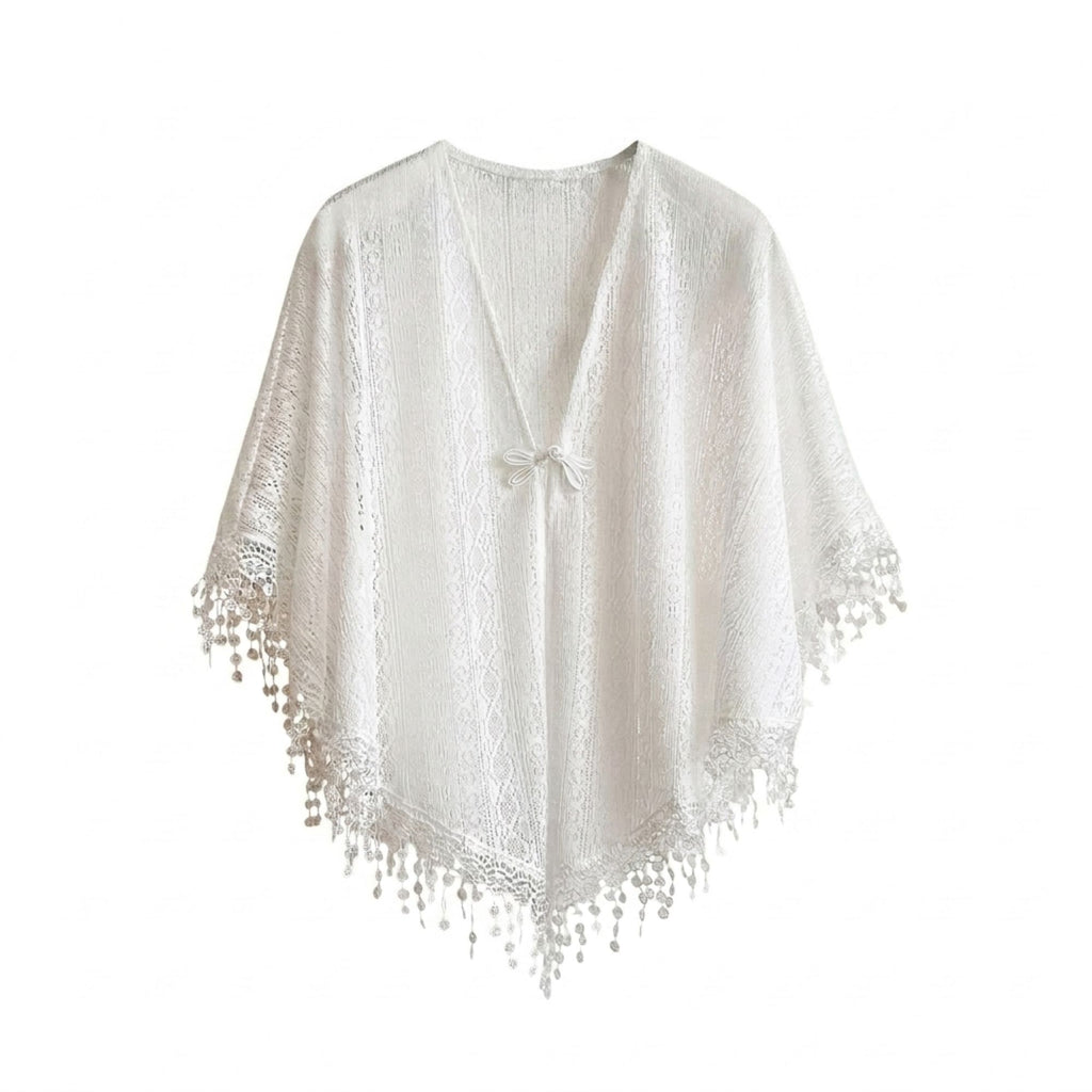 Lace Poncho Cover Up with Fringe Trim and Front Tie