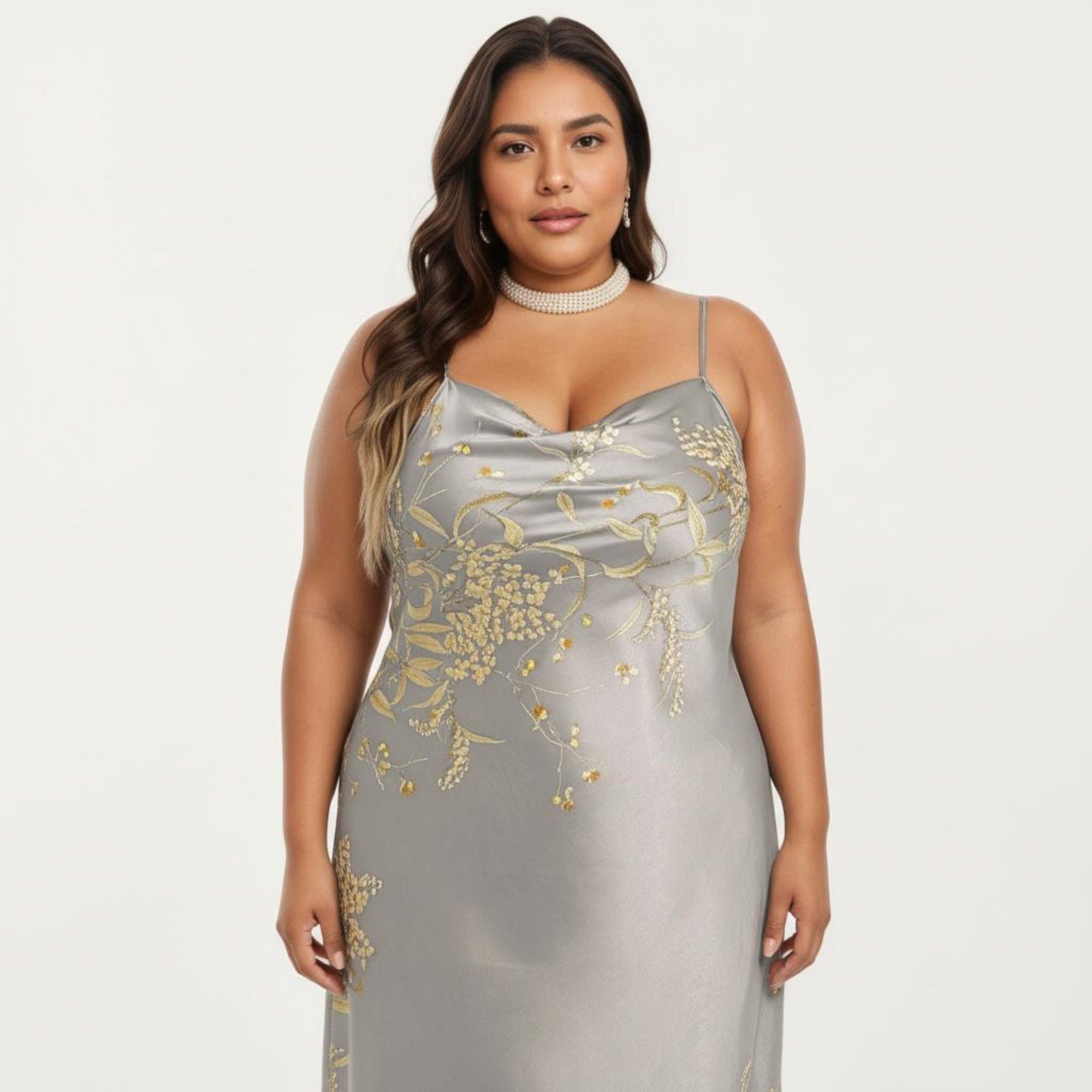 Anna-Kaci Lounge Women's Plus Size Satin Floral Slip Nightgown with Adjustable Spaghetti Straps Cowl Neck Midi Length Sleepwear Dress