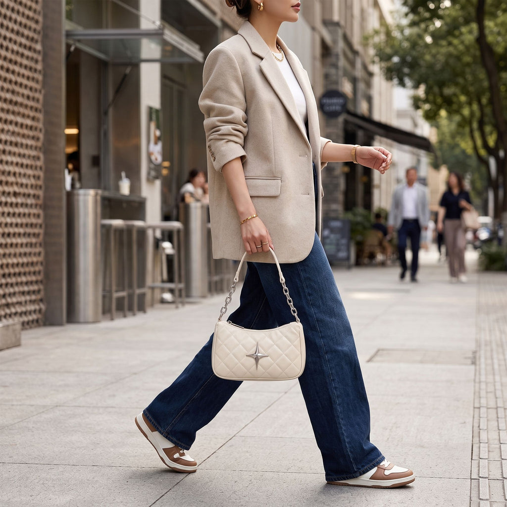 Quilted Shoulder Bag with Chain Strap and Star Accent
