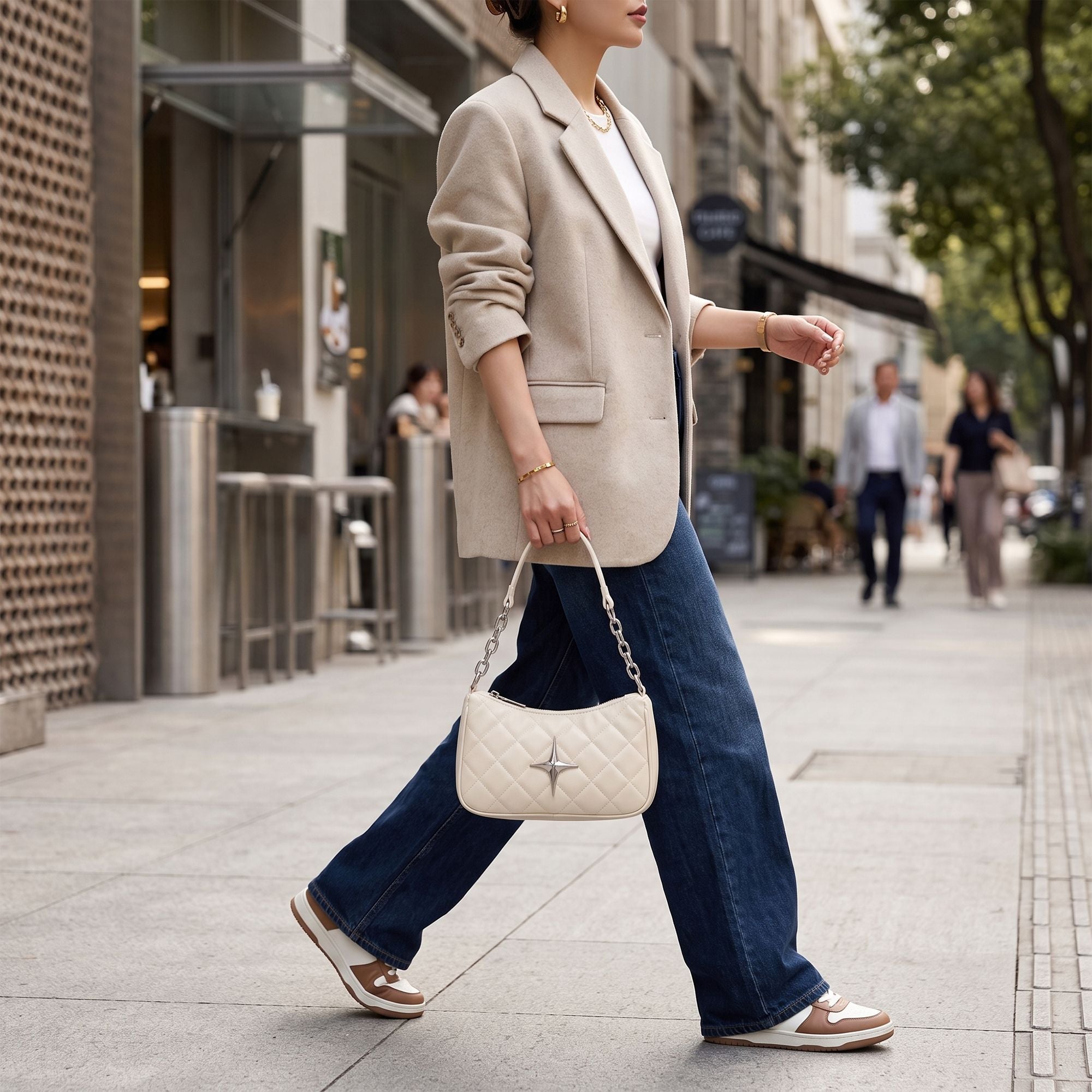 Quilted Shoulder Bag with Chain Strap and Star Accent
