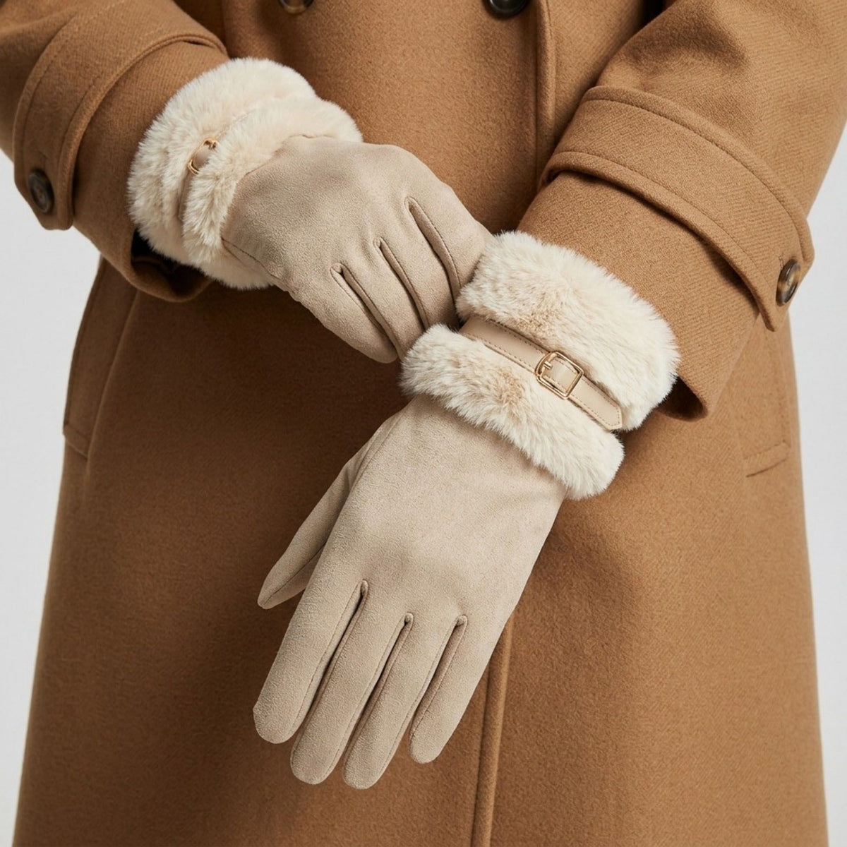 Faux Suede Gloves with Faux Fur Cuff and Buckle Detail 9.9 x 3.9in