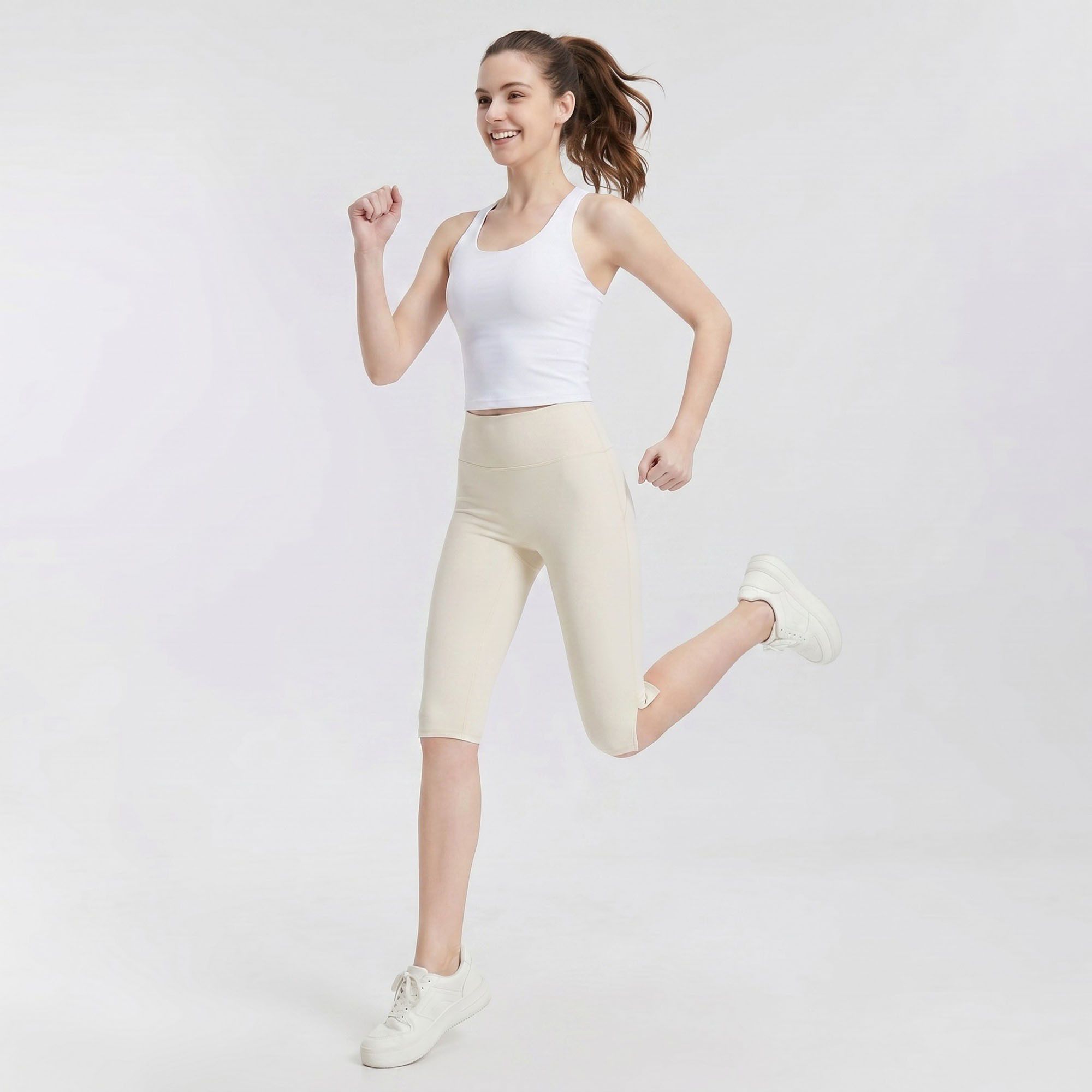 High Waist Capri Leggings with Side Slit Hem Smooth Stretch Pull On Workout Yoga Pants