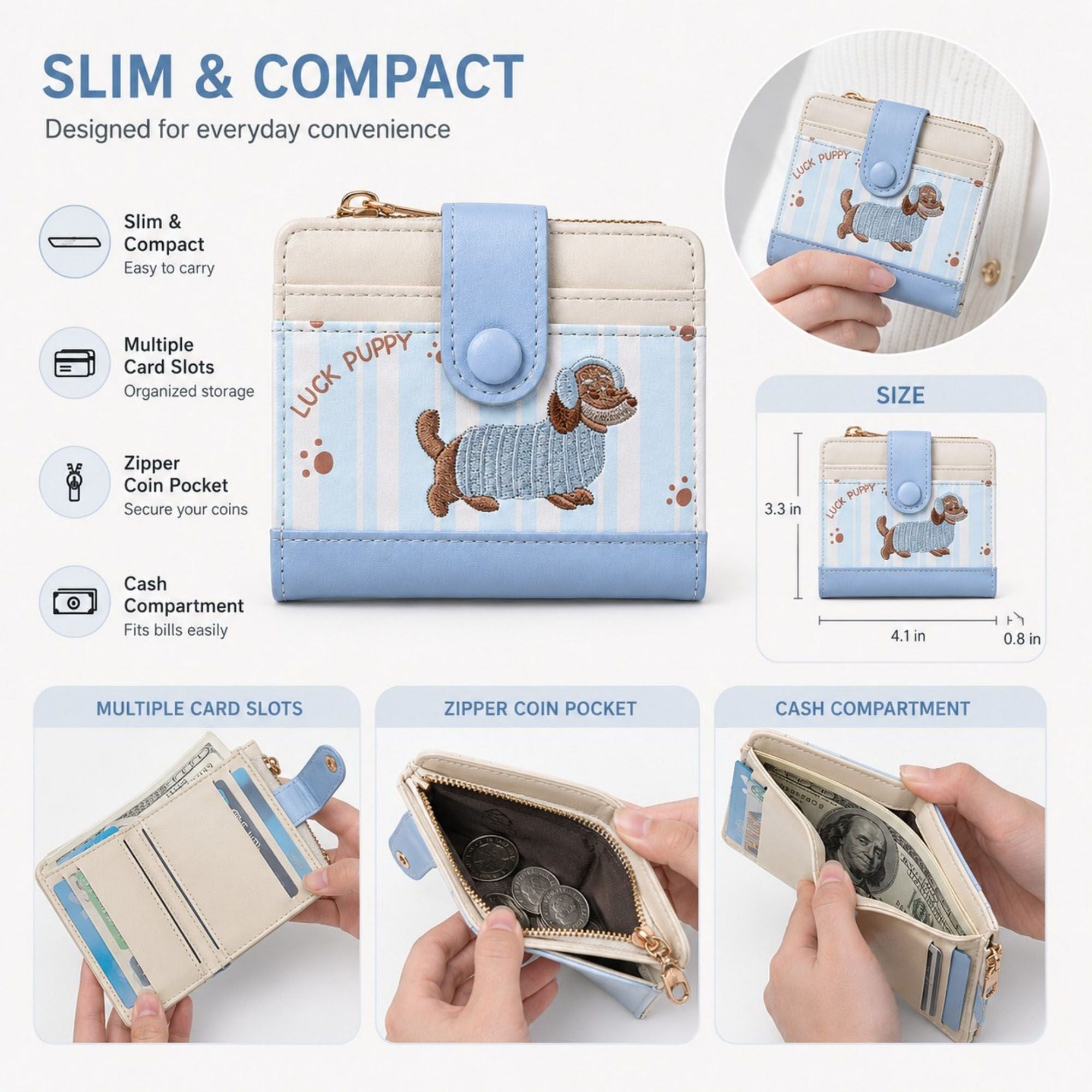 Compact Dachshund Print Bifold Wallet with Zipper Coin Pocket, Card Slots, Snap Closure and Bone Charm
