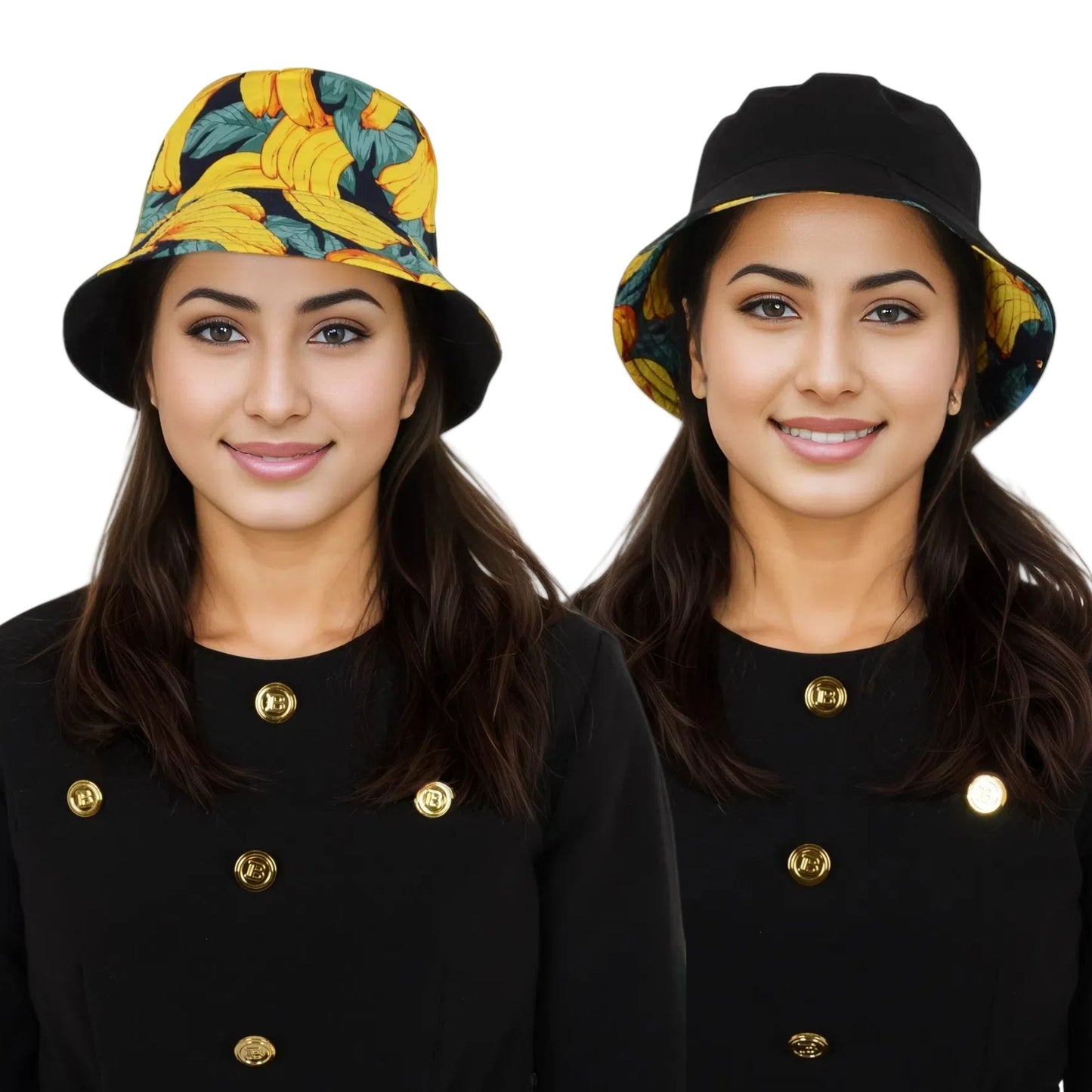 Fruit Print Bucket Hat Double-Side-Wear Reversible Fisherman Hats Summer Foldable Cap for Women- Banana