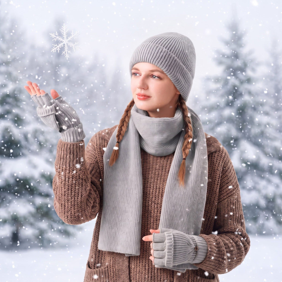 3 Piece Beanie Scarf and Convertible Fingerless Gloves Winter Set