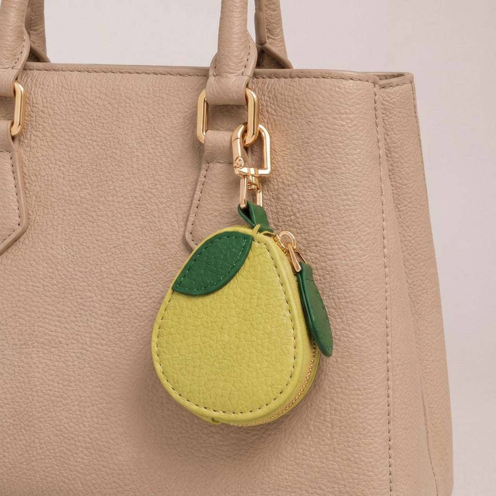 Pear Pouch Bag Charm with Zipper Closure and Gold Tone Clip