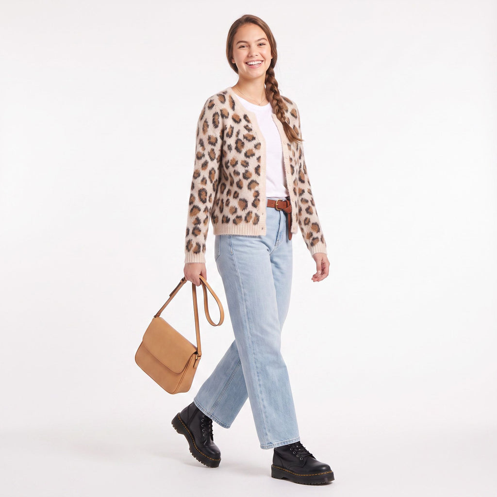 Fuzzy Leopard Print Button Front Cardigan Sweater