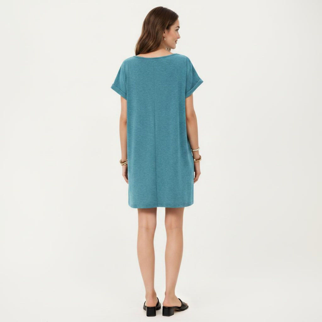 Anna-Kaci Women's Short Sleeve Shift Dress with Split V Neck Embroidered Detail Relaxed Fit Casual Tunic Dress
