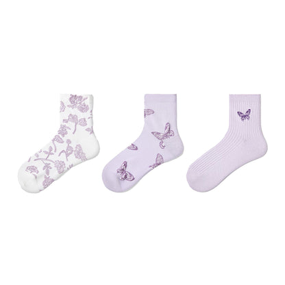 Anna-Kaci Renaissance Women 3-Pair Ankle Socks Set Assorted Patterns Featuring Colorblock, Cartoon Characters, and Butterfly Prints