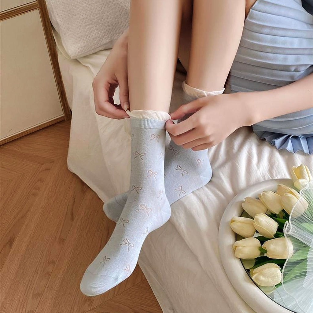 Anna-Kaci Women's Bow-Patterned Ruffle-Cuff Ankle Socks 6pk